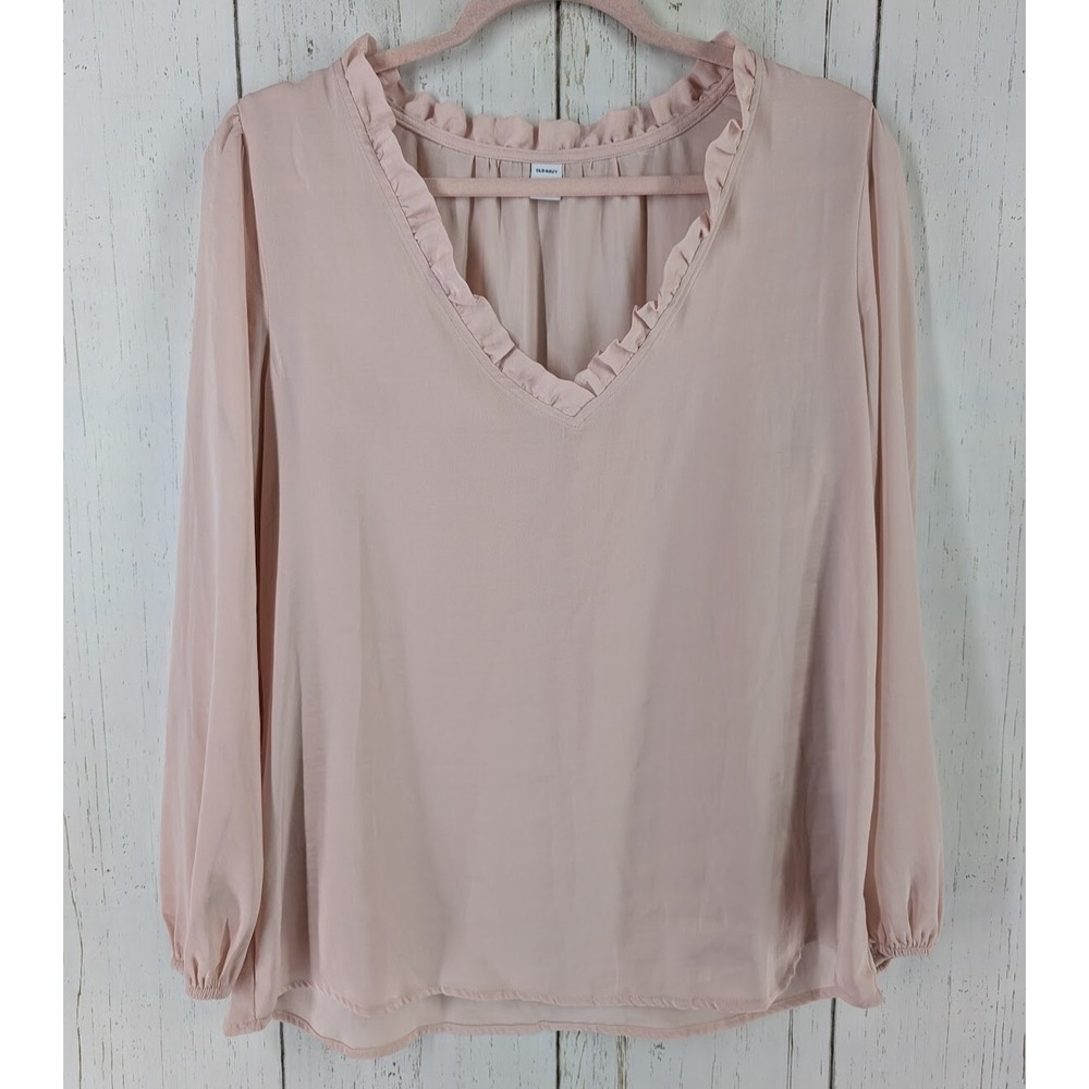 Old Navy Size Medium Womens Pink Ruffle‎ Collar V Neck Long Sleeve Blouse